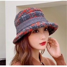 帽子女格子毛呢保暖渔夫帽秋冬百搭时尚蝴蝶结盆帽韩版卷檐小礼帽