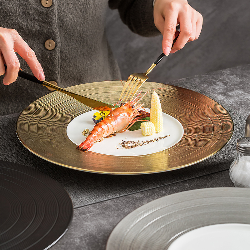 メーカー高級金メッキ伸線ホテルレストラン12インチヨーロッパ式洋食平板展示盤ステーキフランス料理陶磁器|undefined