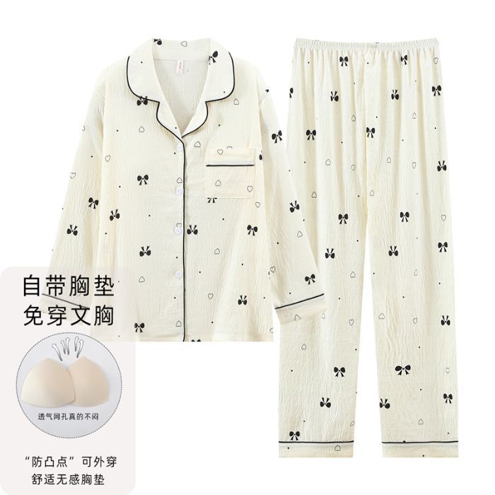 Nube de algodón pijama de primavera y otoño dulce dibujos animados con cojín de pecho cardigan de manga larga pantalones largos dos piezas de ropa de hogar