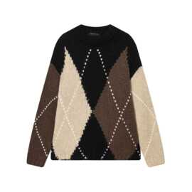 外贸批发 欧美风 新款女装拼接色块菱形纹针织衫5802101