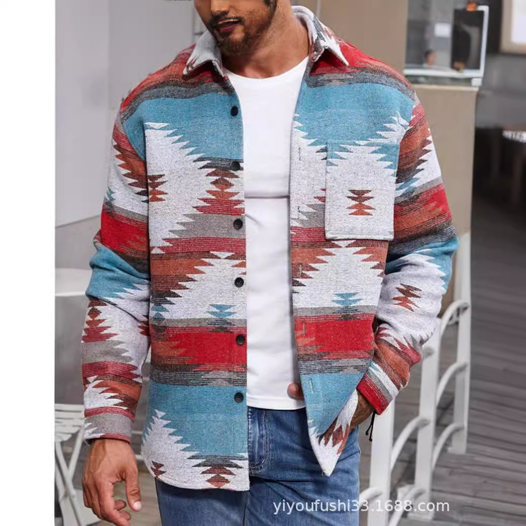 Amazon 2023 Otoño e Invierno Nuevos hombres europeos y americanos de un solo cuello de pecho patrón geométrico Jacquard abrigo de lana de los hombres de cercanías