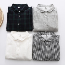 工厂直销 双层棉纱小格子女式衬衫 文艺宽松纯棉元宝领褶皱女式衬