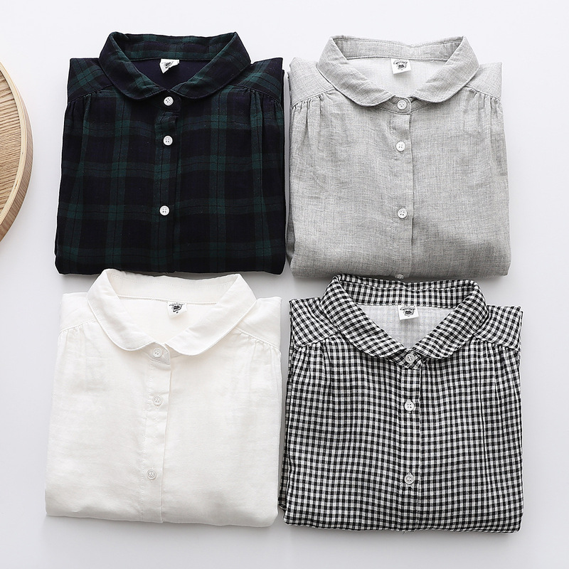 Factory Direct Sale Double-Layer Cotton Gauze Small Plaid Women's Shirt, Artistic Loose Pure Cotton元宝领 Pleated Women's Shirt