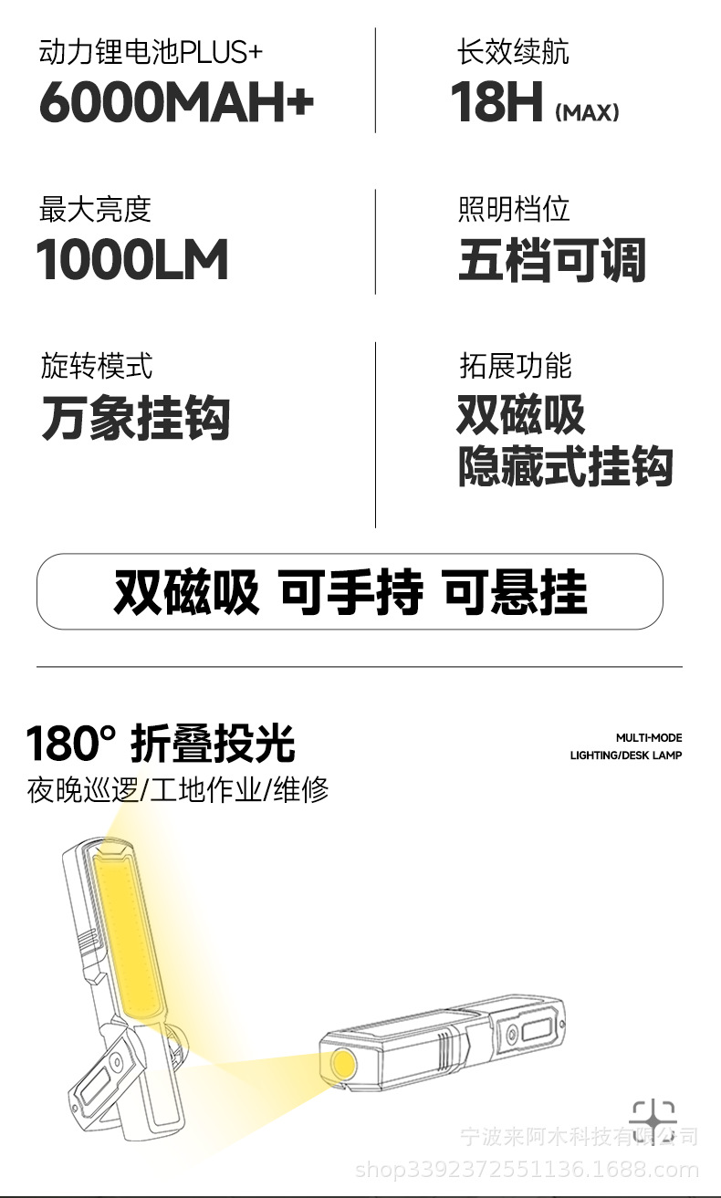 Lem Work Light, Auto Repair Light, Strong Light, Super Bright, Magnetic Suction Type, Special Rechargeable Lithium Battery Lighting Lamp for Car Repair