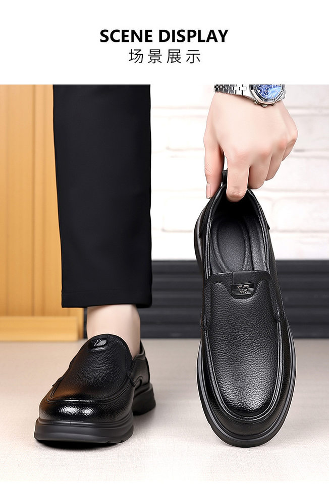 Giày lười nam da bò mũi tròn kiểu đậu đậu, đế thấp 1–3 cm, xỏ chân tiện lợi — đen chi tiết 13