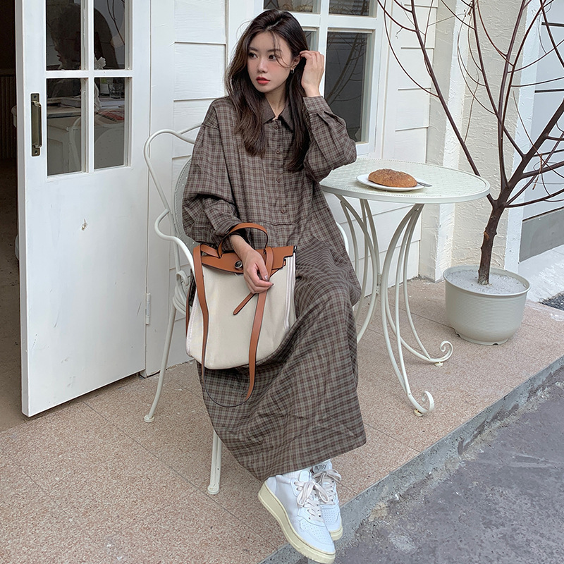 Y2g autumn and winter Japanese retro plaid long-sleeved shirt dress women's lazy style Real shot temperament slimming dress