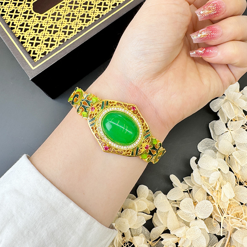 Patrón de oro de arena antigua abertura pulsera de medula de jade estilo palacio retro esmalte estilo nacional joyería en vivo caliente