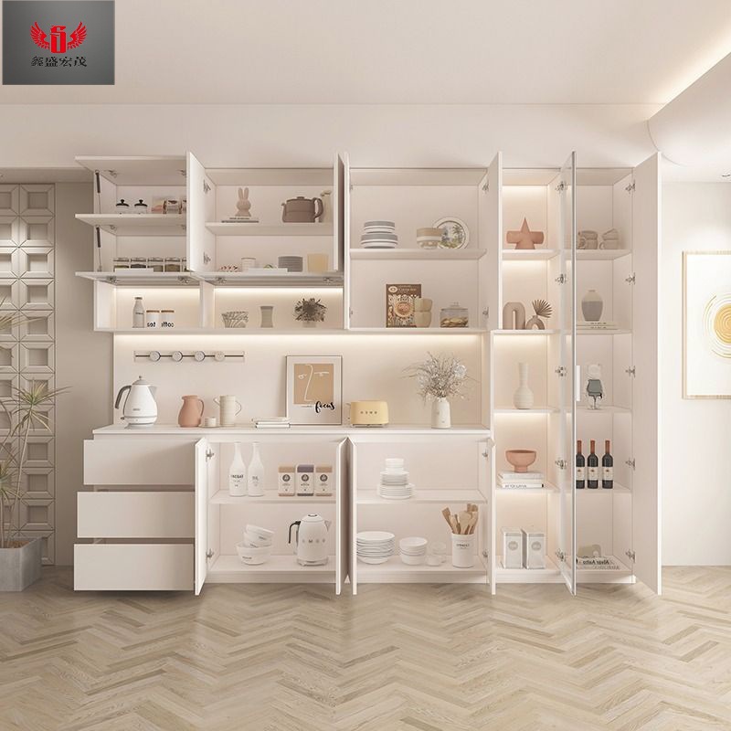 Gabinete de vino de madera sólida, gabinete de comedor, gabinete alto en uno, moderno y simple, armario de cocina contra la pared, armario multifuncional, viento de crema