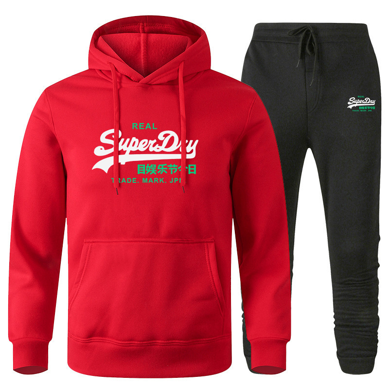 Cross-Border Foreign Trade Men's Fleece Hooded Sweatshirt Set Autumn and Winter European and American Trendy Casual Sports Two-Piece Set