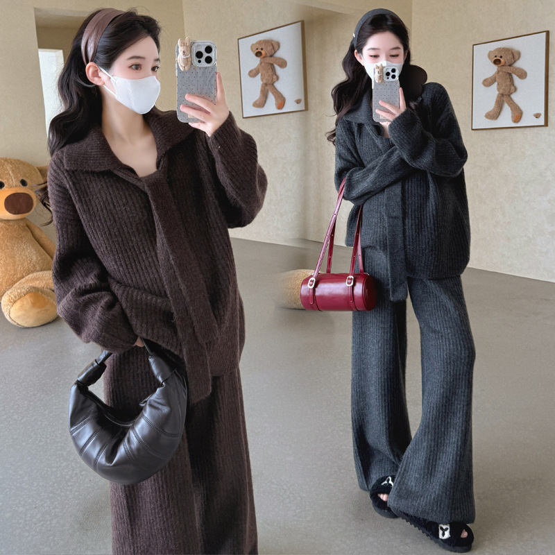 孕妈装秋冬季潮妈时髦新款宽松休闲百搭软糯毛衣显瘦阔腿裤两件套|undefined