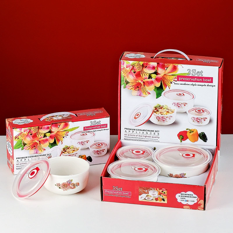 Керамическая миска для хранения свежести Wengkai, набор из трех предметов, герметичная посуда, подарочная коробка, набор мисок, подарочная миска, миска с напечатанным логотипом, миска