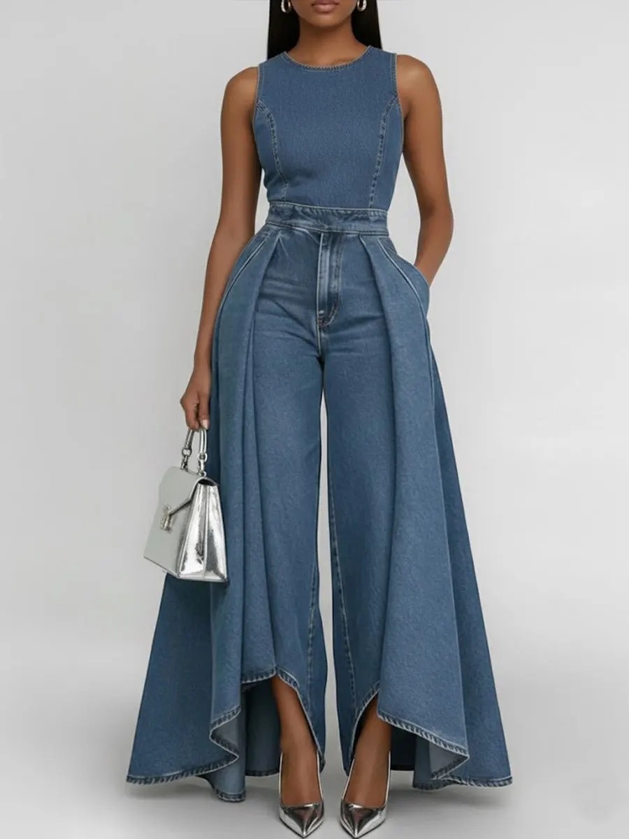 Mono denim mujer sin mangas cuello redondo corte holgado pierna ancha_voghion.com