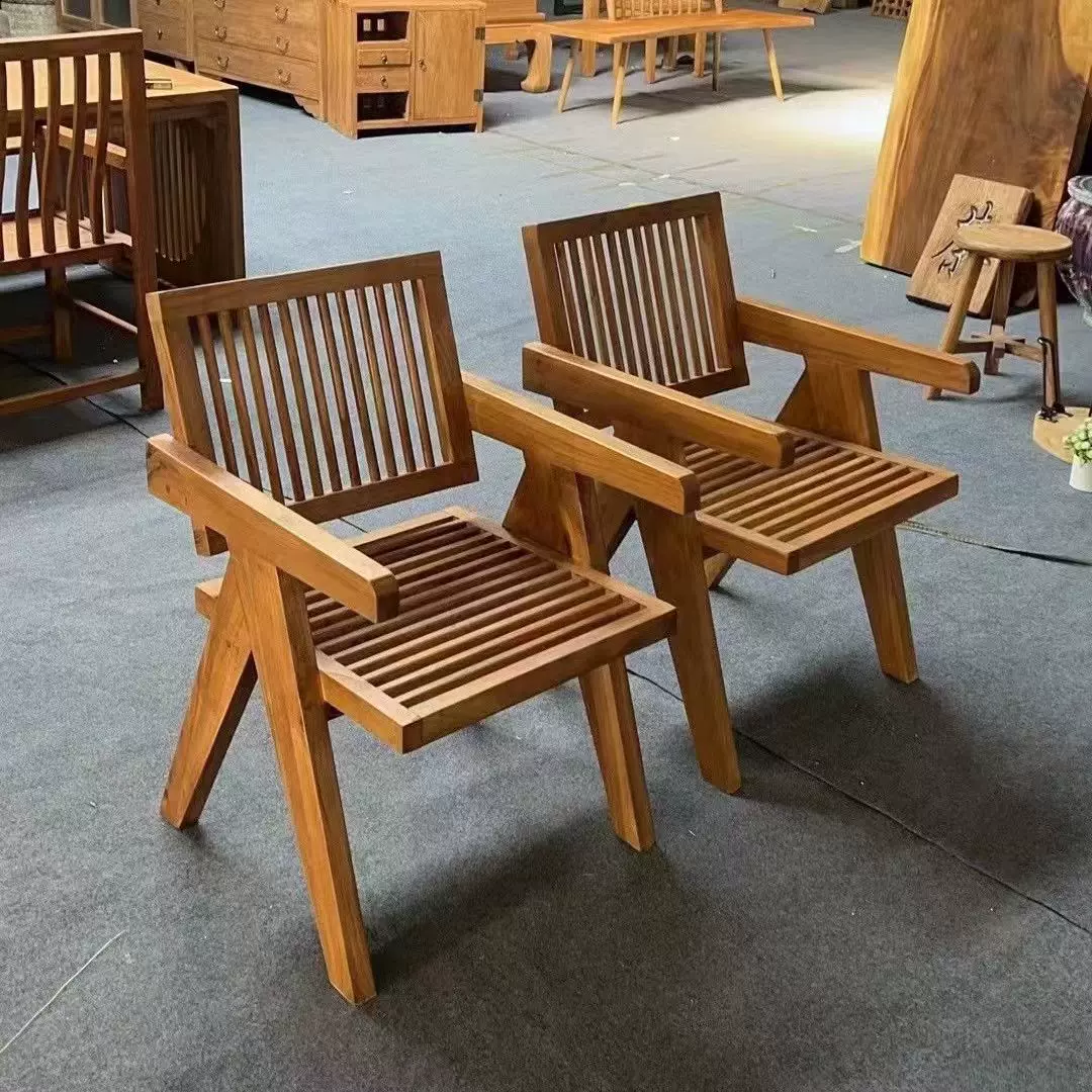 老榆木门板昌迪加尔椅侘寂风复古靠背椅实木扶手家用书桌餐桌椅