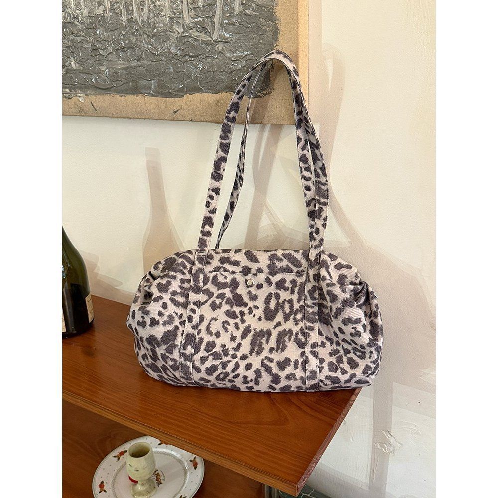 Korean Style Leopard Print Bowling Bag For Women - New Large Capacity Nylon Shoulder Bag, Lightweight Casual Commuter Handbag - Thumbnail 6