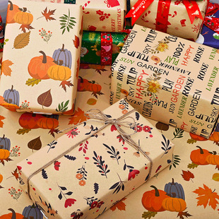 Retro Wrapping Paper, Oversized Wrapping Paper with Pumpkins, Maple Leaves, Flowers, Birds, Letters, Flowers, Birthday Knots, Gift Wrapping Paper