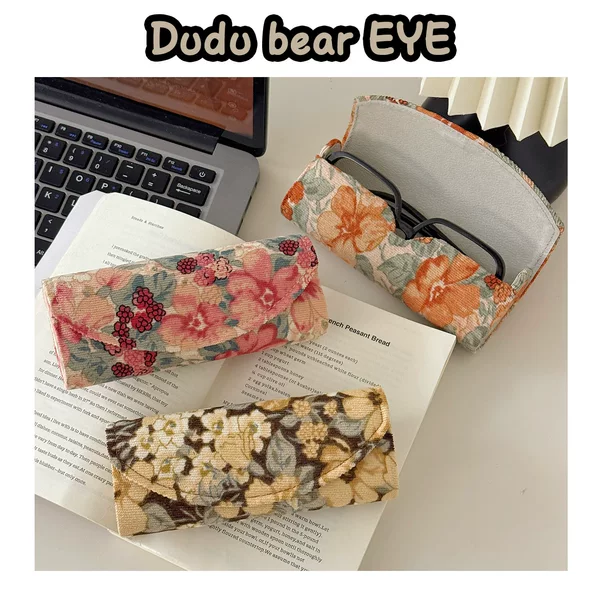 Cotton-Style Designer Retro Floral Glasses Case, New Cross-Border Wholesale Corduroy Texture, High Aesthetic Value, Premium Feel