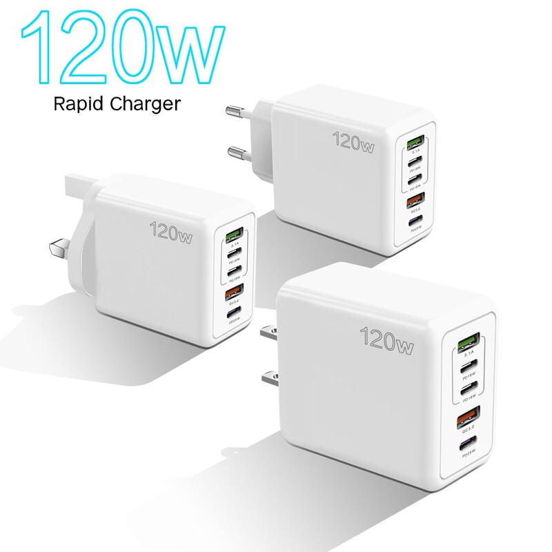 In-Stock Wholesale 120W Fast Charging Mobile Phone Charger European and American Standard 2Usb+3Type-C Multi-Port Power Adapter