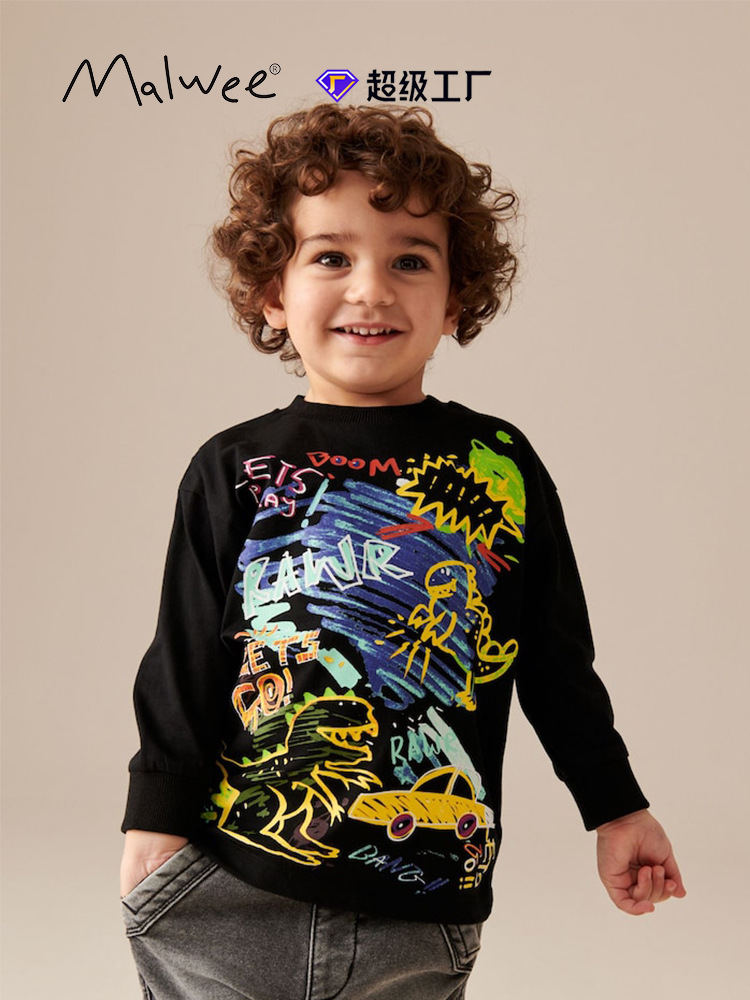 Blusa de niño malwee transfronteriza otoño e invierno nuevo estilo europeo y americano, cuello redondo, manga larga, camiseta para niños de moda
