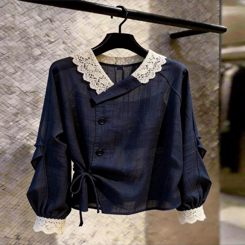 French lace patchwork shirt, a stylish and unique top for women, perfect for workwear, in a beautiful navy blue color, 2026 French lace patchwork shirt, a stylish and unique top for women, perfect for workwear, in a beautiful navy blue color, 2026