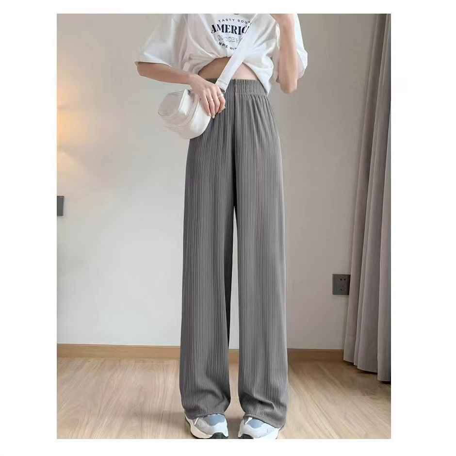 Pantalones de pierna ancha de seda de hielo para mujer, gasa fina, cintura alta, caída, tubo recto suelto, pantalones de trapeador casuales delgados para mujer