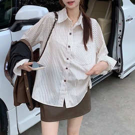 早春细条纹长袖衬衫上衣女夏季薄款内搭外穿POLO领衬衣防晒衫外套