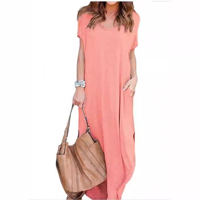 2024 New Solid Color European and American Style Beach Vacation Extra-Long Plus-Size Loose Pocket Dress E-Commerce