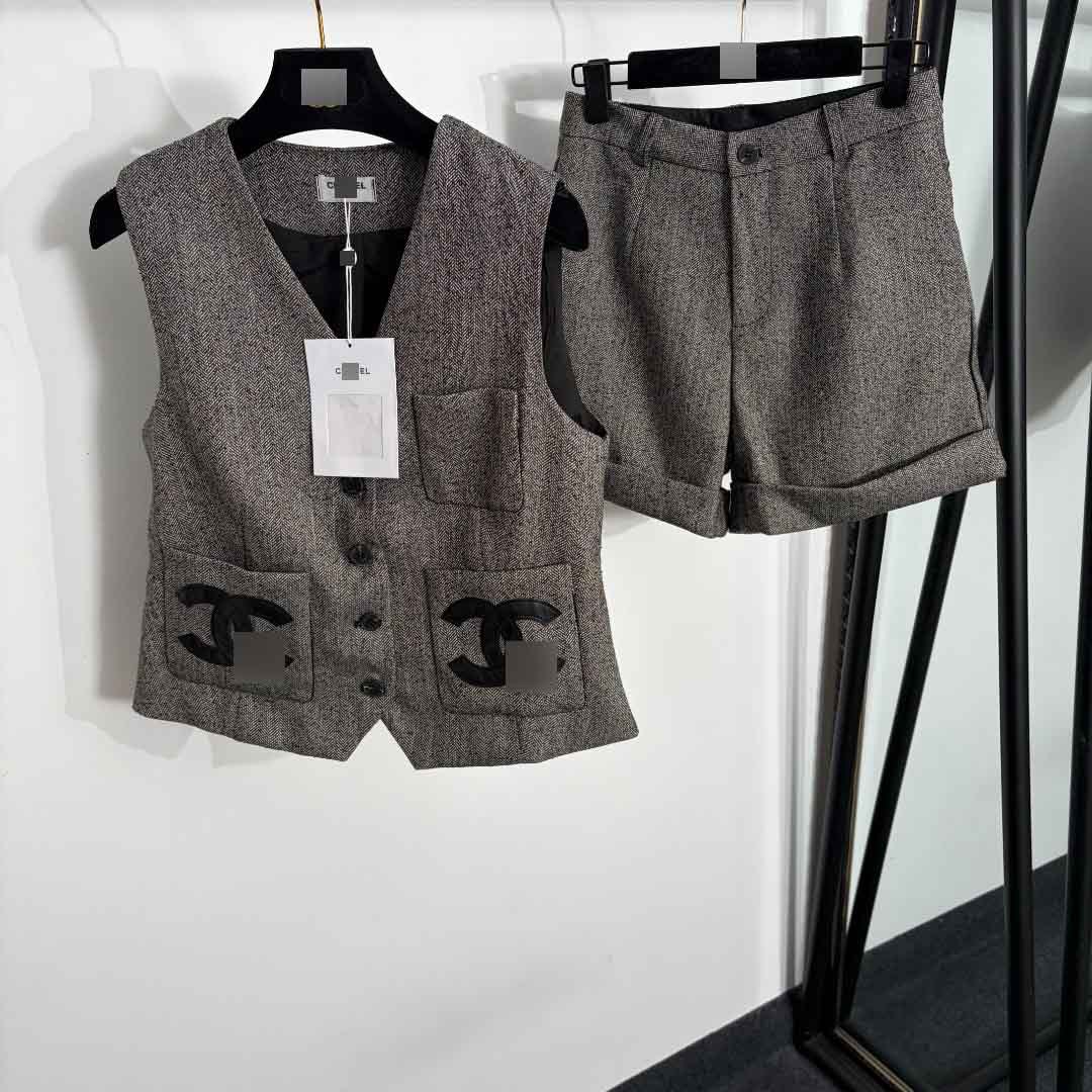 Nanyou's New Tweed Suit with Double C Leather Logo Pocket Vest Jacket + Rolled Hem Suit Shorts