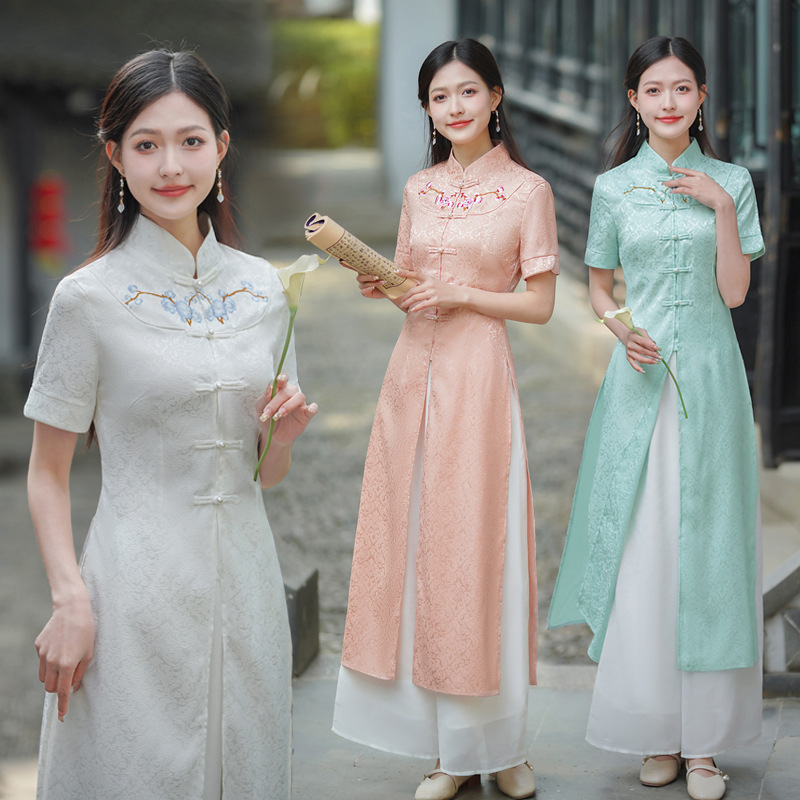 New Chinese Style Republic of China Style Embroidered Short-sleeved Tea Clothing Wide Leg Pants Ear-picking Clothing Tooling Vintage Suit