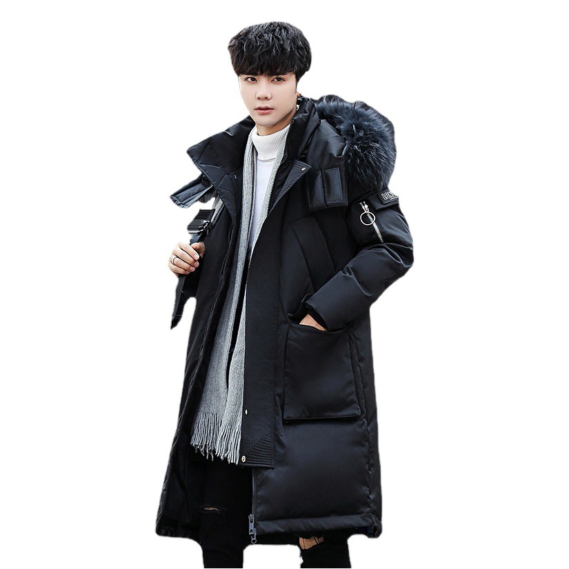 Nueva chaqueta de plumón de los hombres jóvenes engrosada de longitud media con capucha gran cuello de piel abrigo de moda de los hombres ropa caliente resistente al frío