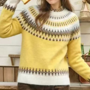 Fair Isle soft and cozy round-neck sweater, autumn/winter casual style, retro jacquard knit pullover, wholesale from the manufacturer, women's top