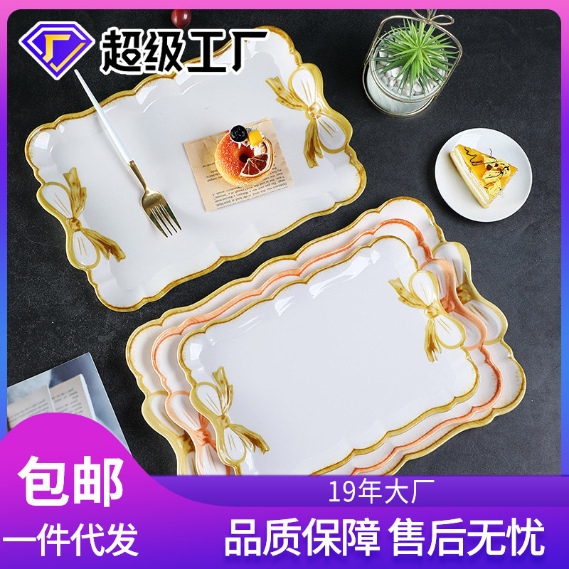 Dinner plate tea tray suit melamine large, medium and small tray Internet celebrity bow swing plate Western Food white European tea tray