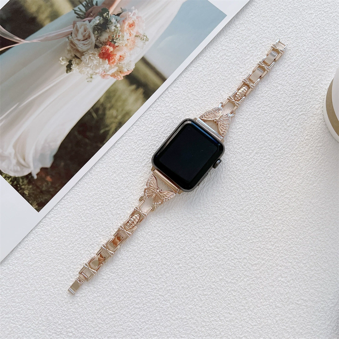 Совместимо с Apple Watch SE, Apple 1–7 поколения, ремешок из металлической цепи в стиле бабочки Hermes H, модный