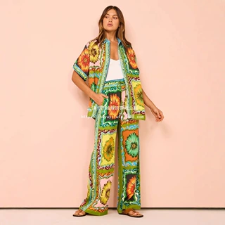 跨境外贸女士休闲时尚短袖衬衫+长裤套装夏威夷衬衫3D数码印花