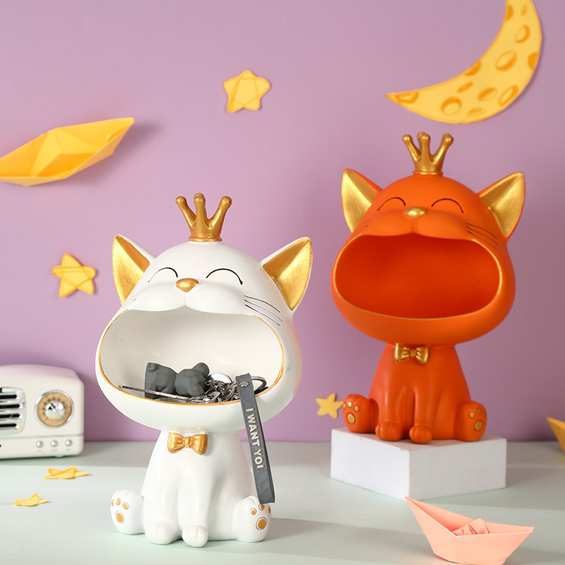 Creative cute big-mouthed cat storage resin ornaments living room wine cabinet entrance key storage decorations
