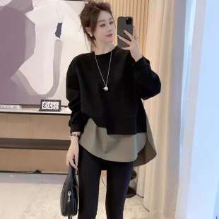 plus size Women's Autumn Mid-length Fake Two-piece Belly-covering Slimming Sweatshirt Women's Loose Top chubby girl 1.00 kg-150.00 kg ins