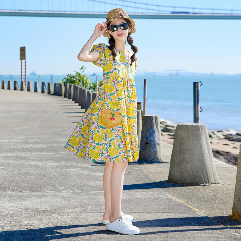 Vestido de verano fresco de las niñas Rosa inferior amarillo impreso vestido de algodón vestido suelto estilo de vacaciones niña princesa vestido de moda