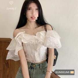 法式白色荷叶边一字肩衬衫女夏季收腰显短款露肩上衣潮