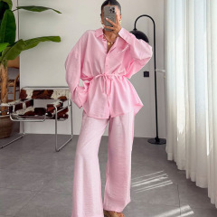 新品2025跨境欧美纯色开衫翻领系带睡衣长袖长裤两件套家居服批发