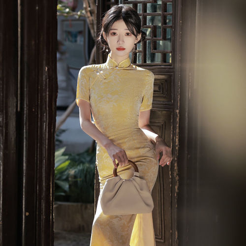 Yellow erosion bone cheongsam young new improved girl summer comfort miss big long dress