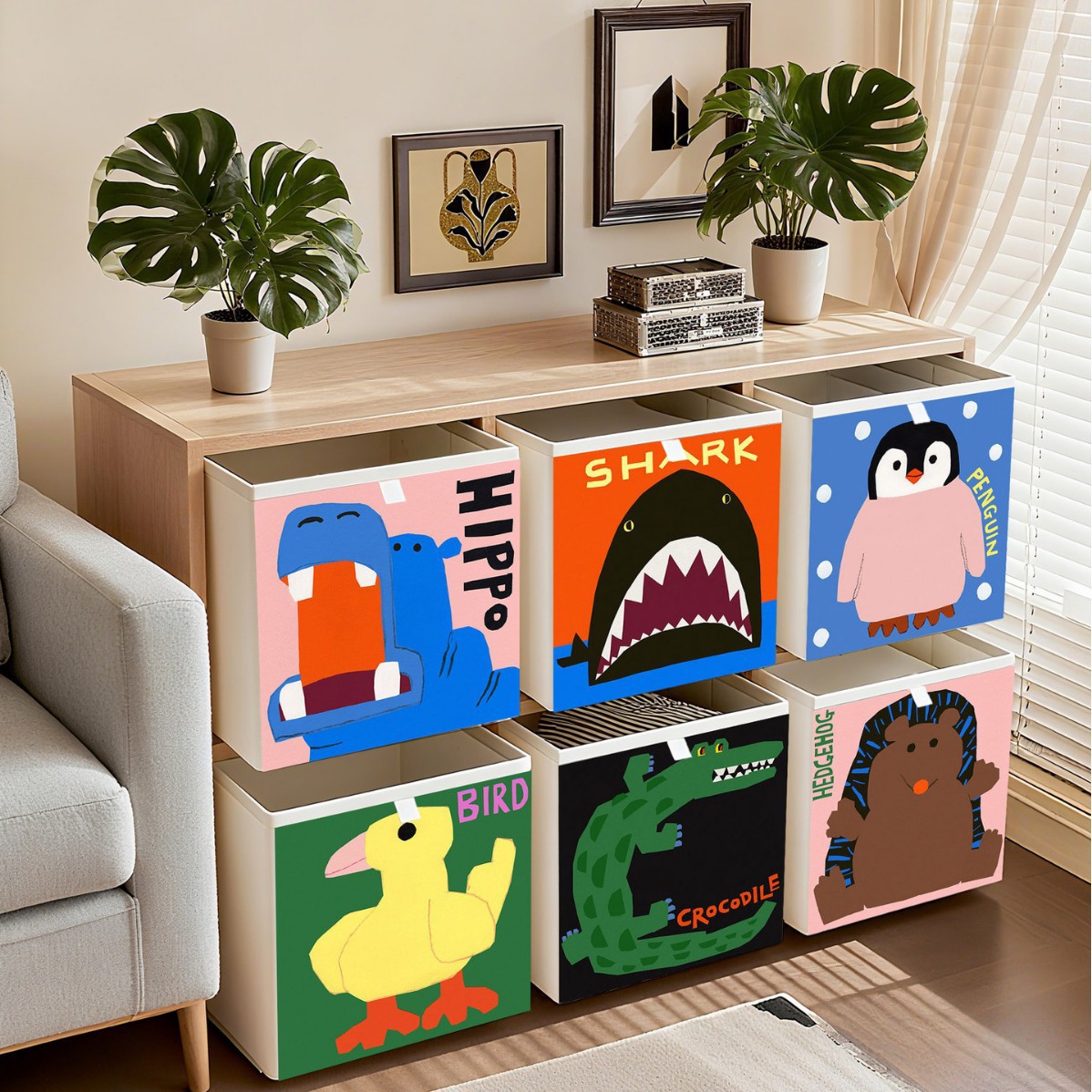 Cartoon Illustration Storage Box, Non-Rattan, Foldable, Household Kalek Grid Cabinet Storage Basket, Drawer-Type Storage Box