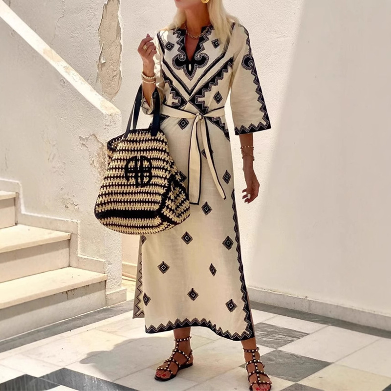 European and American Foreign trade autumn and winter New printed belt linen bohemian style dress cross-border women's clothing European and American Foreign trade autumn and winter New printed belt linen bohemian style dress cross-border women's clothing