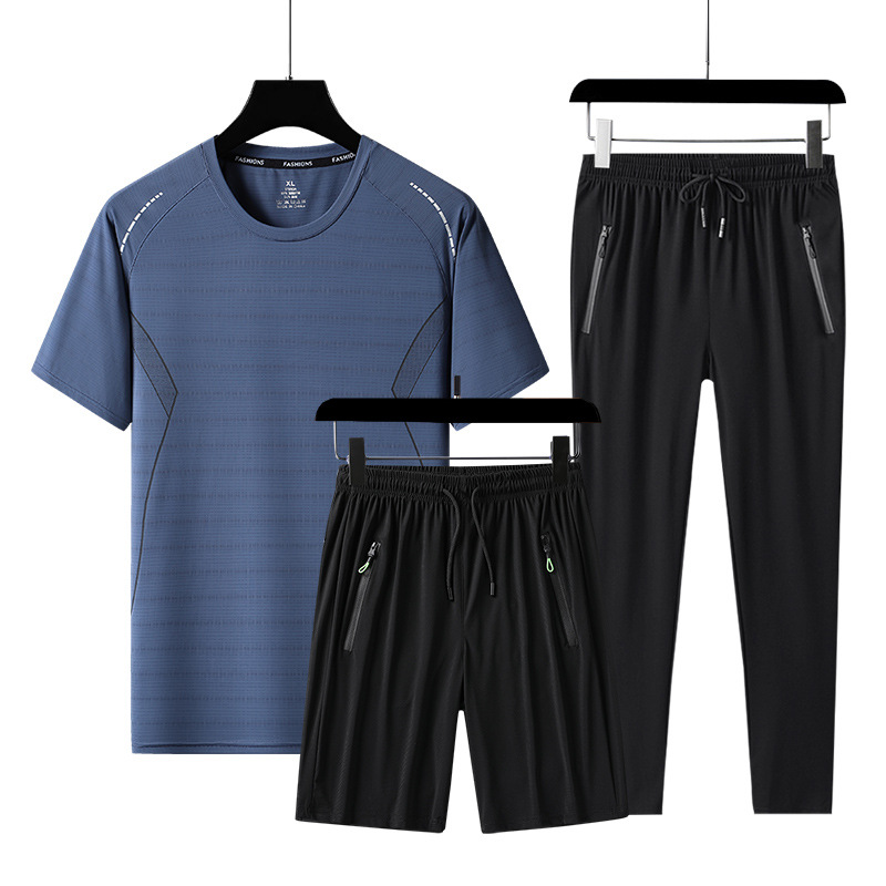 Trajes deportivos de manga corta transfronterizos para hombres de verano, camisetas de media manga de hielo, pantalones cortos casuales de tres piezas para correr.