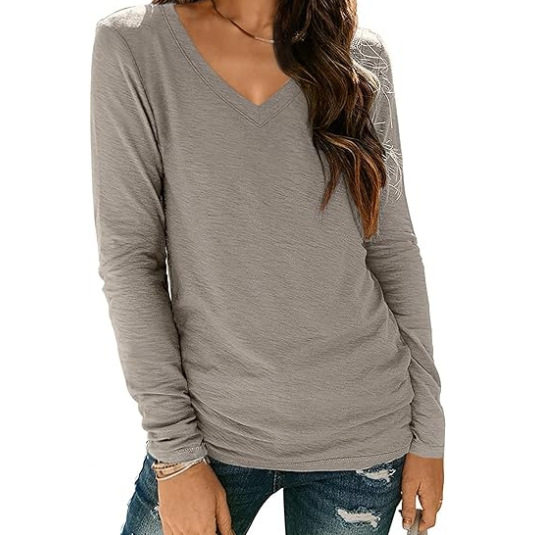 2024 Women's New V Neck Long-sleeved Women's T-shirt Export Shirt Cross-border Pure Color Top T-shirt