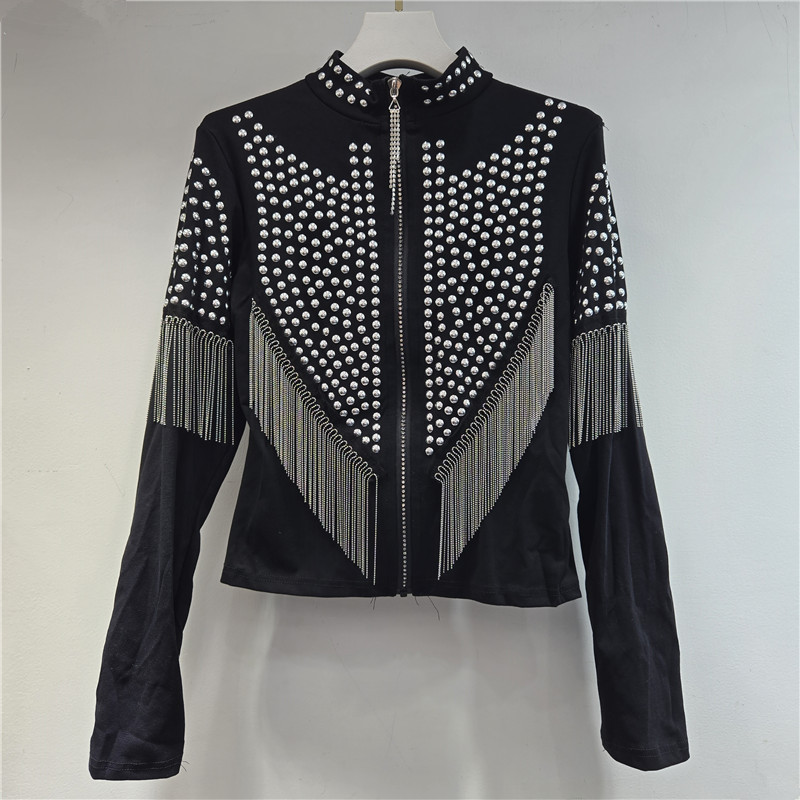 Europa y América de la industria pesada remaches con bordas Cardigan chaqueta de mujer de estilo extranjero cuello elástico delgado corto americano chaqueta caliente