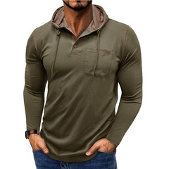 2025 外国貿易クロスボーダーメンズ長袖 Tシャツアマゾンヨーロッパとアメリカのメンズフード付きヘンリーシャツ秋と冬のアウトドアトップ