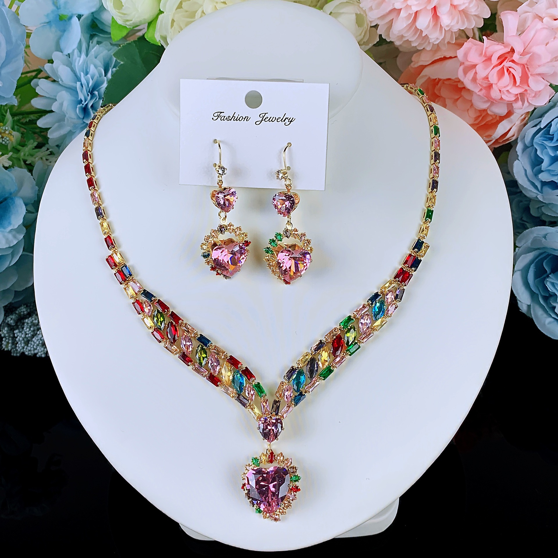 Collar de color de la industria pesada amazona orejas joyas set de moda de lujo vestido de novia cena joyas de zircon mujer image 54
