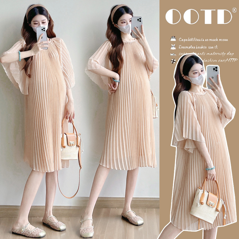 2025 Maternity Wear Summer New Chiffon Pleated Elegant Dress