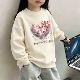 女童休闲圆领加绒卫衣秋冬款2026新款中大童洋气爱心印花套头上衣