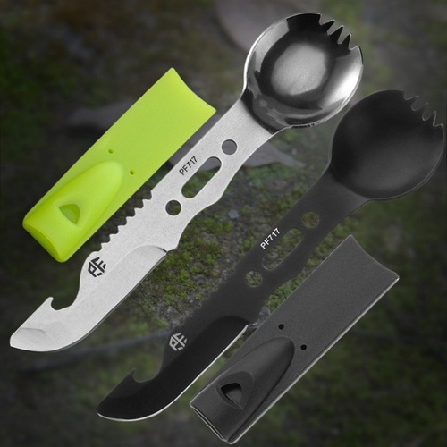Multifunctional camping tableware, knife, fork and spoon integrated outdoor knife, camping survival knife, high-pitched whistle