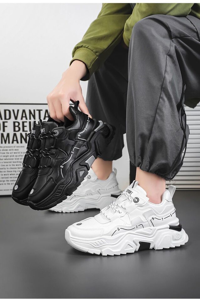 Giày sneaker nam da tổng hợp đế cao su gót thấp 1-3 cm, giày thể thao chạy bộ đế mềm tăng chiều cao — CCC10 màu trắng, CCC10 màu đen chi tiết 10